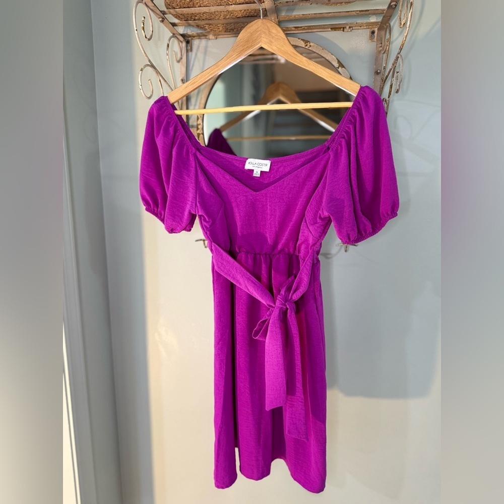 Rolla Coster Amelia Mini Dress Fuchsia Purple w/ Tie Waist Short Sleeves Medium